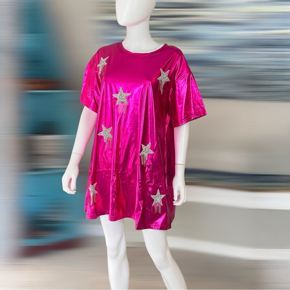 FANTASTIC FAWN metallic fuchsia star dress M L - Picture 8 of 11